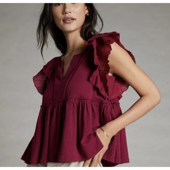 Anthropologie Tops - Anthropologie Caroline ruffled babydoll top Raspberry (XS)
